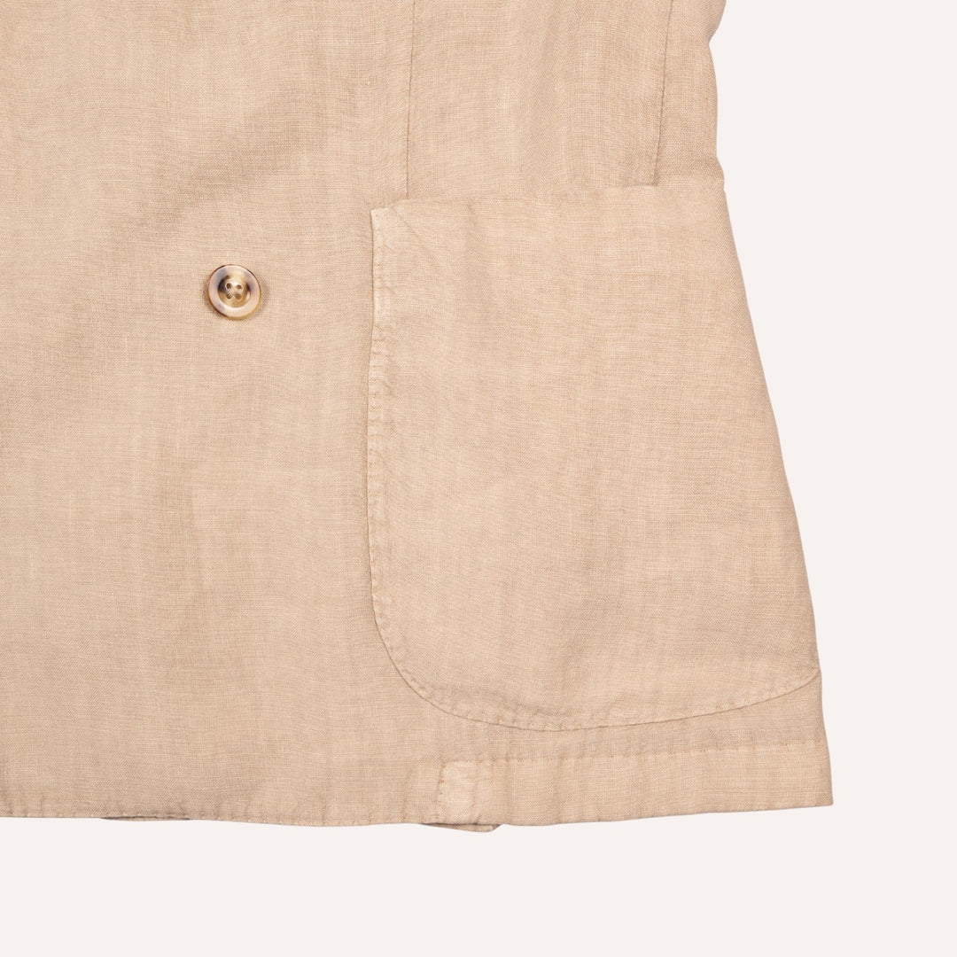 Khaki Beige Washed Linen Double-Breasted Blazer