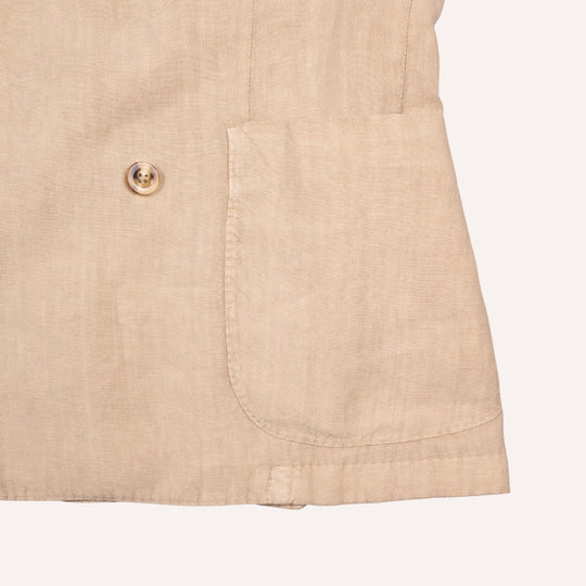 Khaki Beige Washed Linen Double-Breasted Blazer