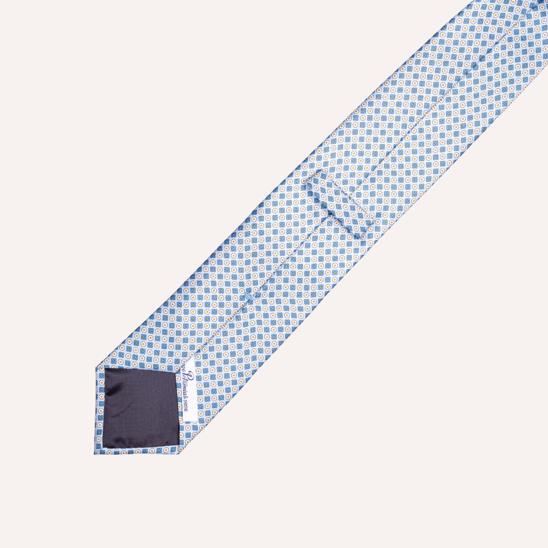 Light Blue Micro Medallion Flower Pattern Silk Tie