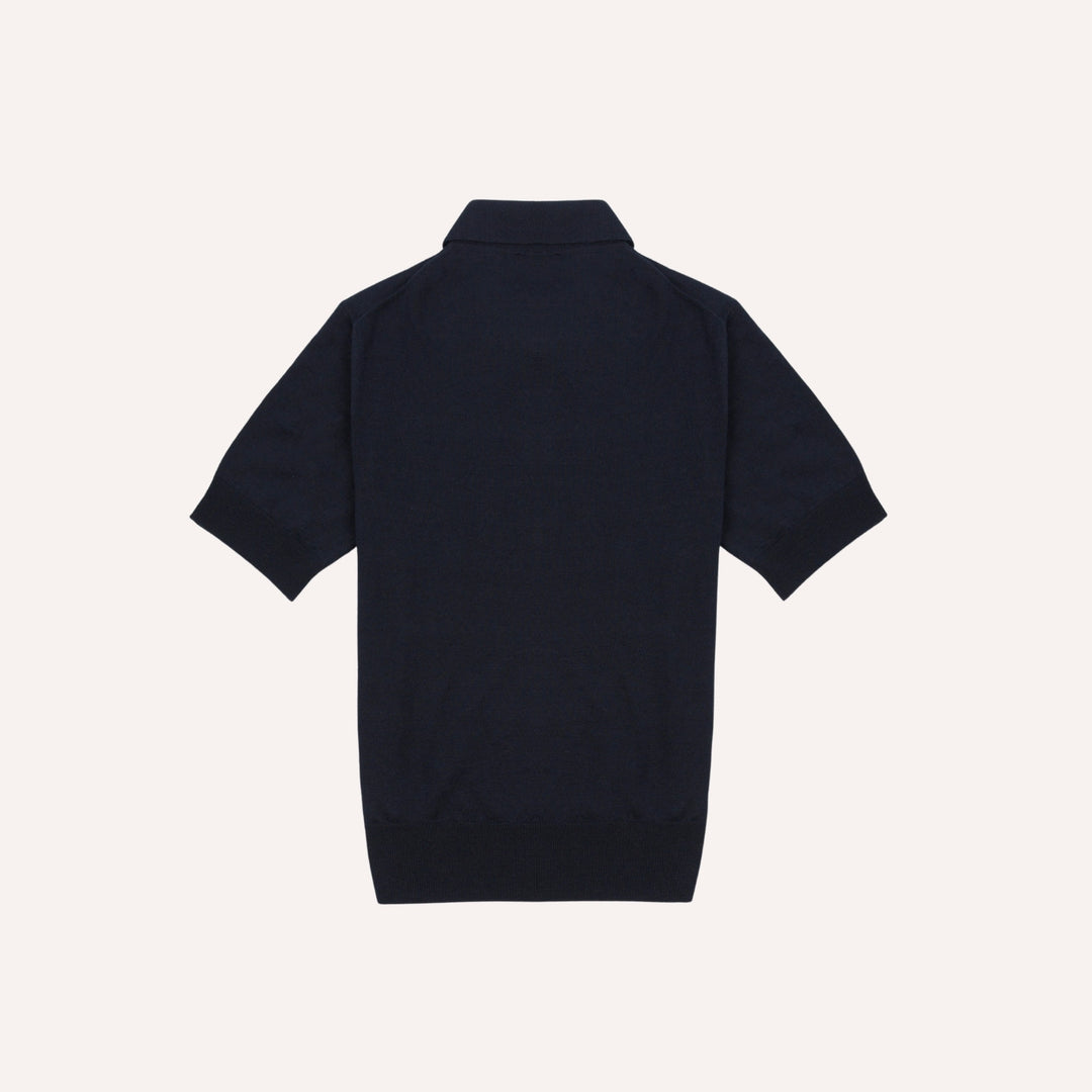 Navy Knitted Linen-Cotton Short-Sleeve Polo Shirt