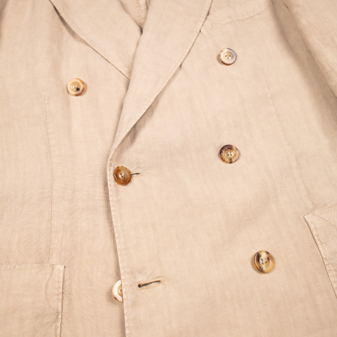 Khaki Beige Washed Linen Double-Breasted Blazer