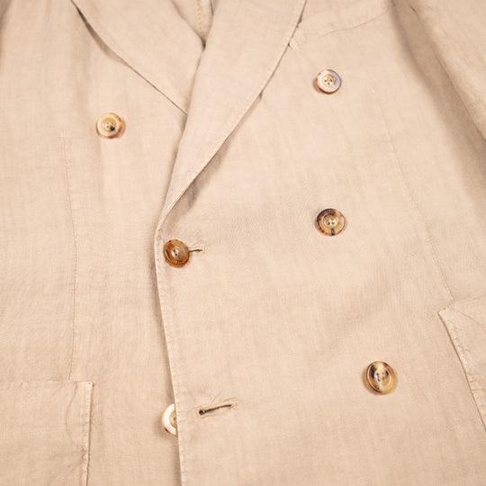 Khaki Beige Washed Linen Double-Breasted Blazer