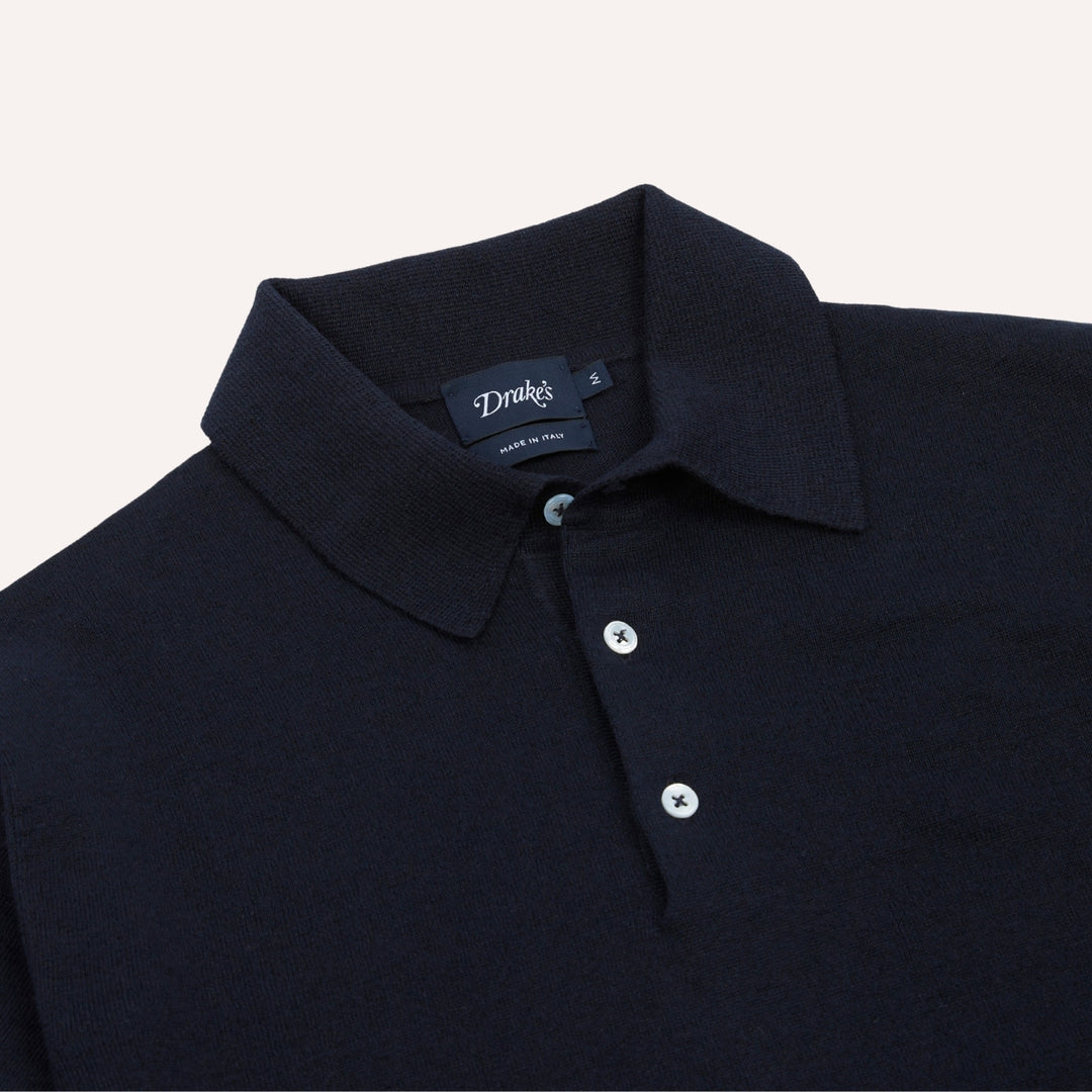Navy Knitted Linen-Cotton Short-Sleeve Polo Shirt
