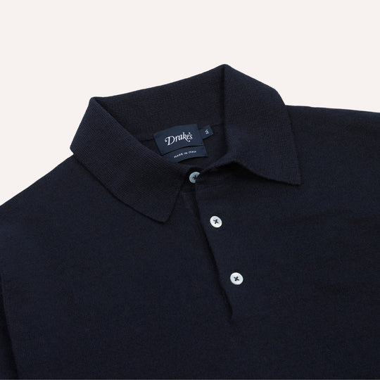 Navy Knitted Linen-Cotton Short-Sleeve Polo Shirt