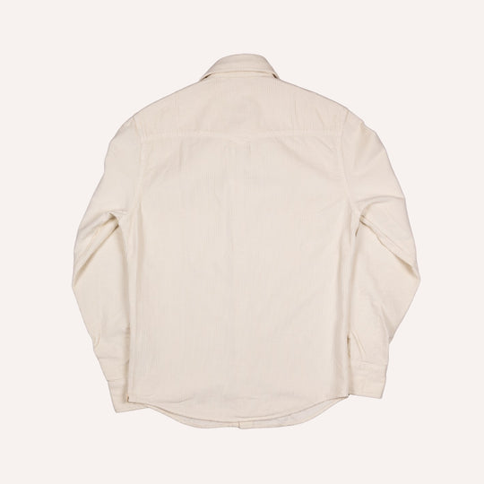 A light beige long-sleeve corduroy western shirt shown from the back, laid flat against a solid off-white background.