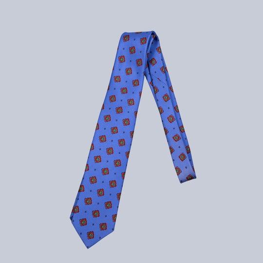 Medallion print silk tie Blue, Red and Green