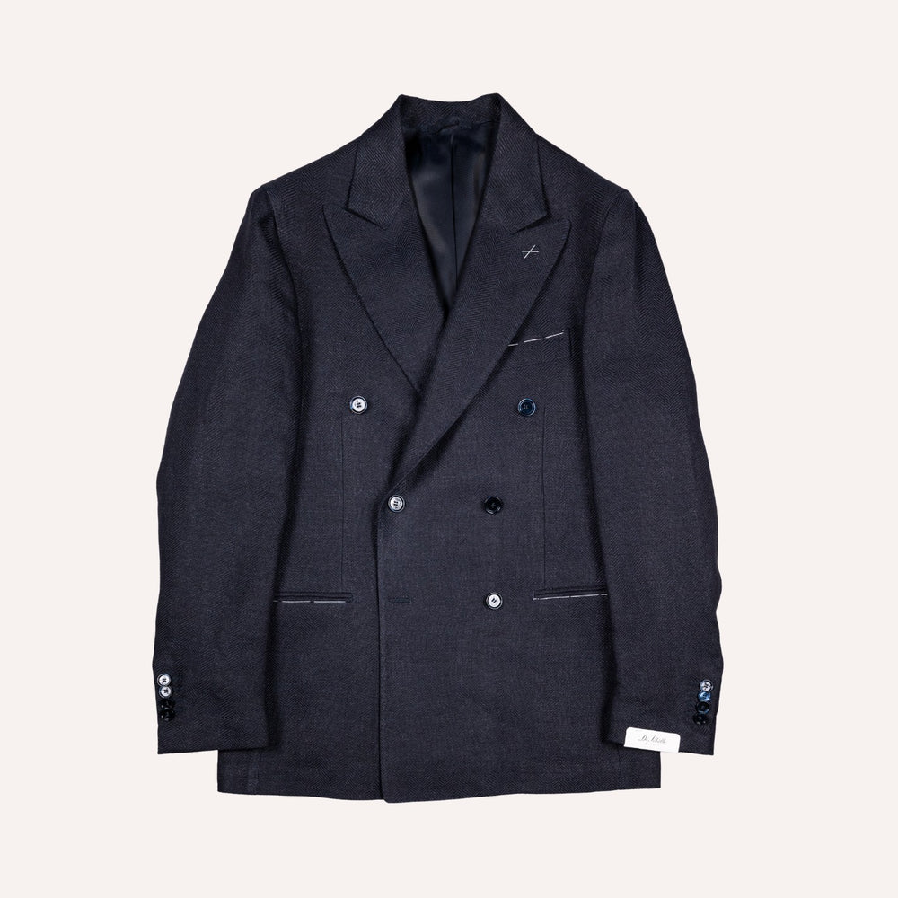Navy Blue Double-Breasted Herringbone Linen Blazer