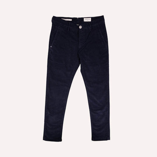 A pair of dark navy blue twill trousers shown flat against a light cream background.