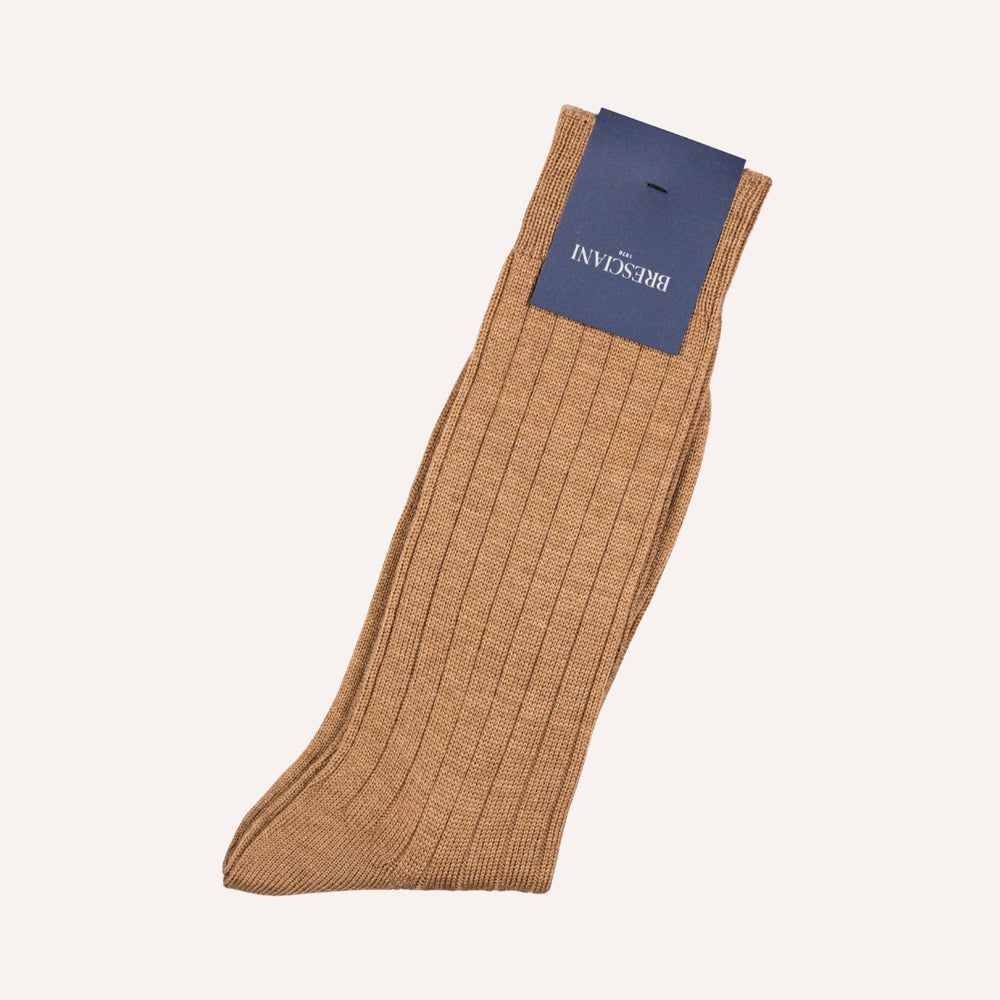 Camel Brown Ribbed Ankle Length Wool Socks