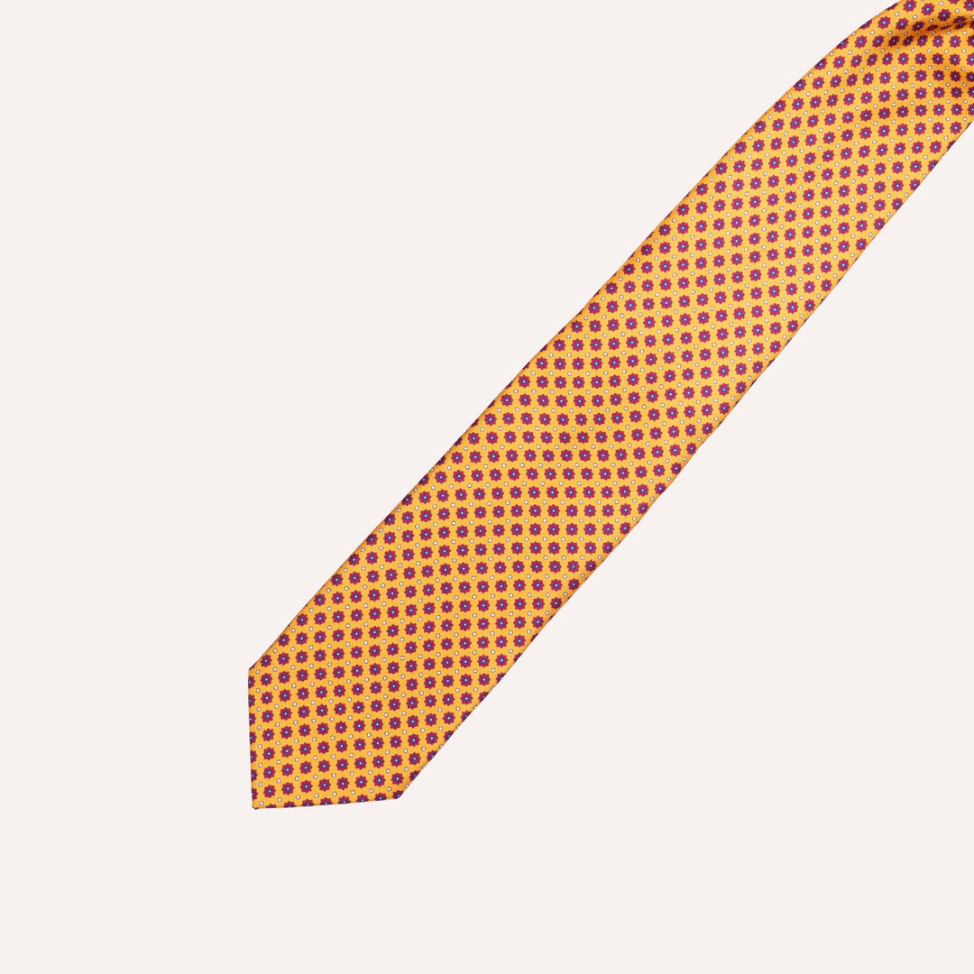 Dark Yellow & Red Star Medallion Pattern Silk Tie