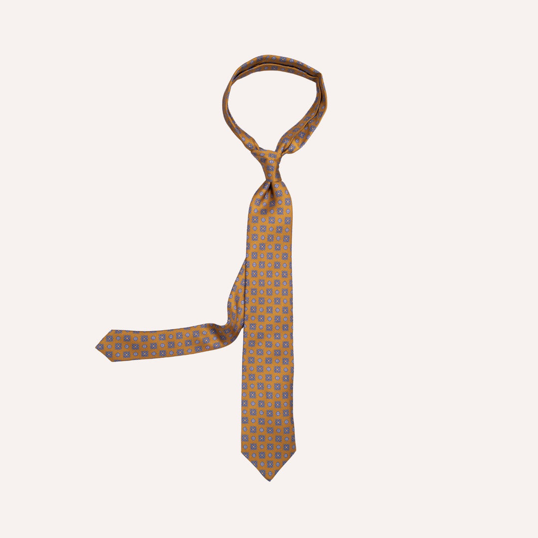 Dark Mustard Yellow & Cobalt Blue Medallion Pattern Silk Tie