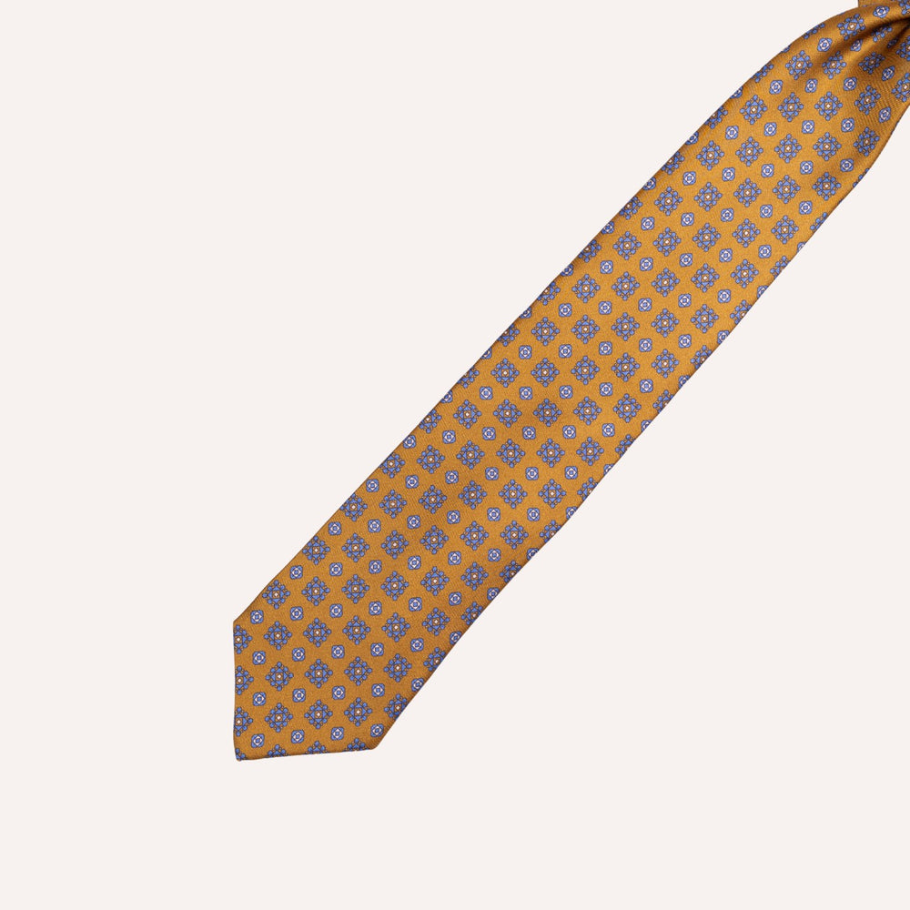 Dark Mustard Yellow & Cobalt Blue Medallion Pattern Silk Tie