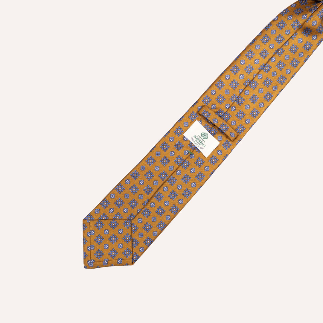 Dark Mustard Yellow & Cobalt Blue Medallion Pattern Silk Tie