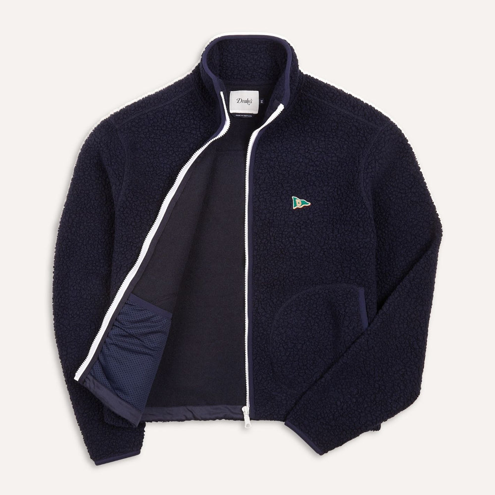 Navy Boucle Wool Zip Fleece Jacket