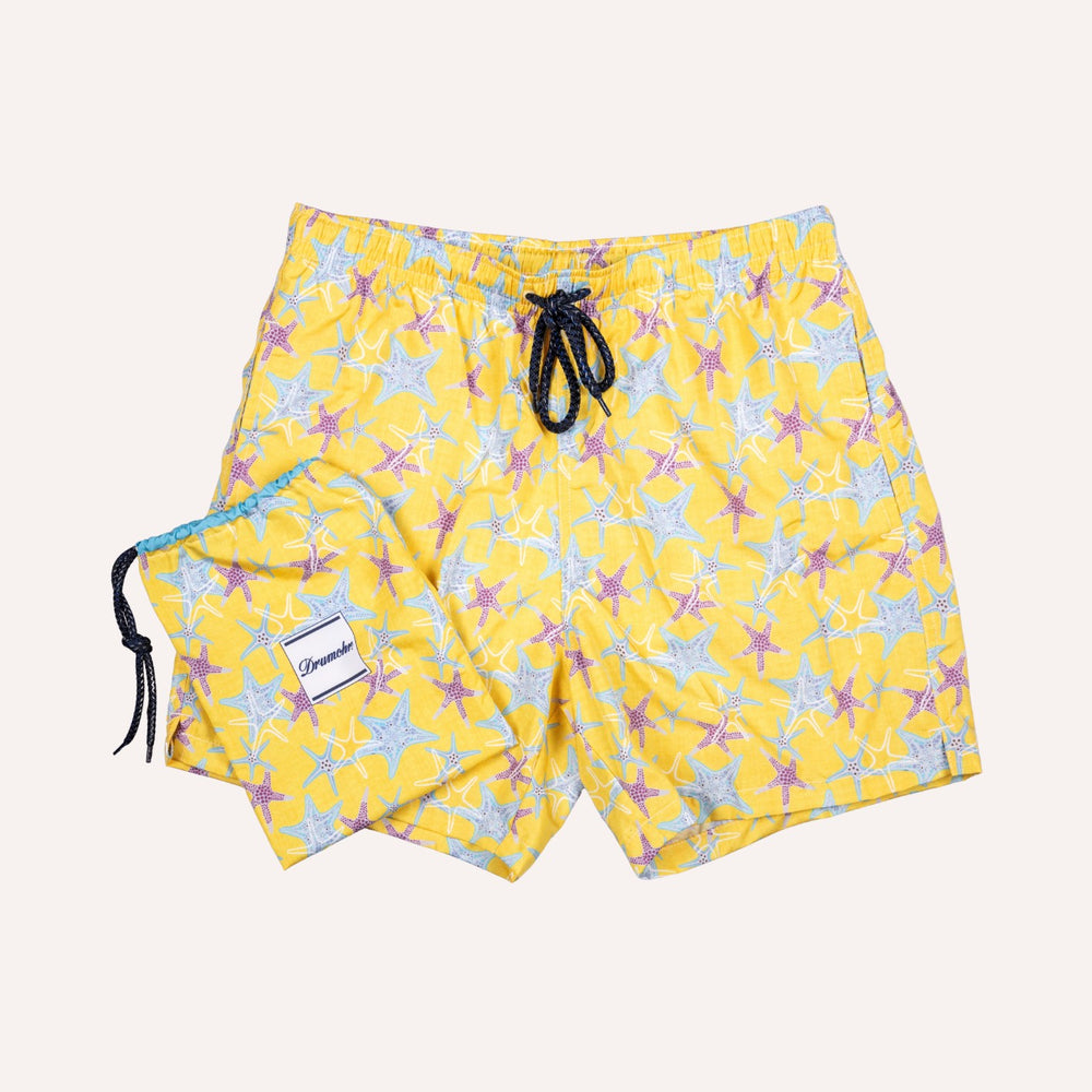 Soft Yellow Starfish Printed Swim Shorts