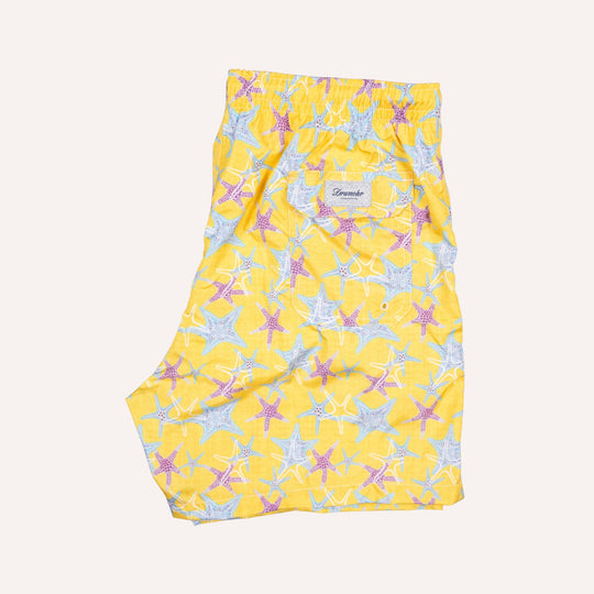 Soft Yellow Starfish Printed Swim Shorts