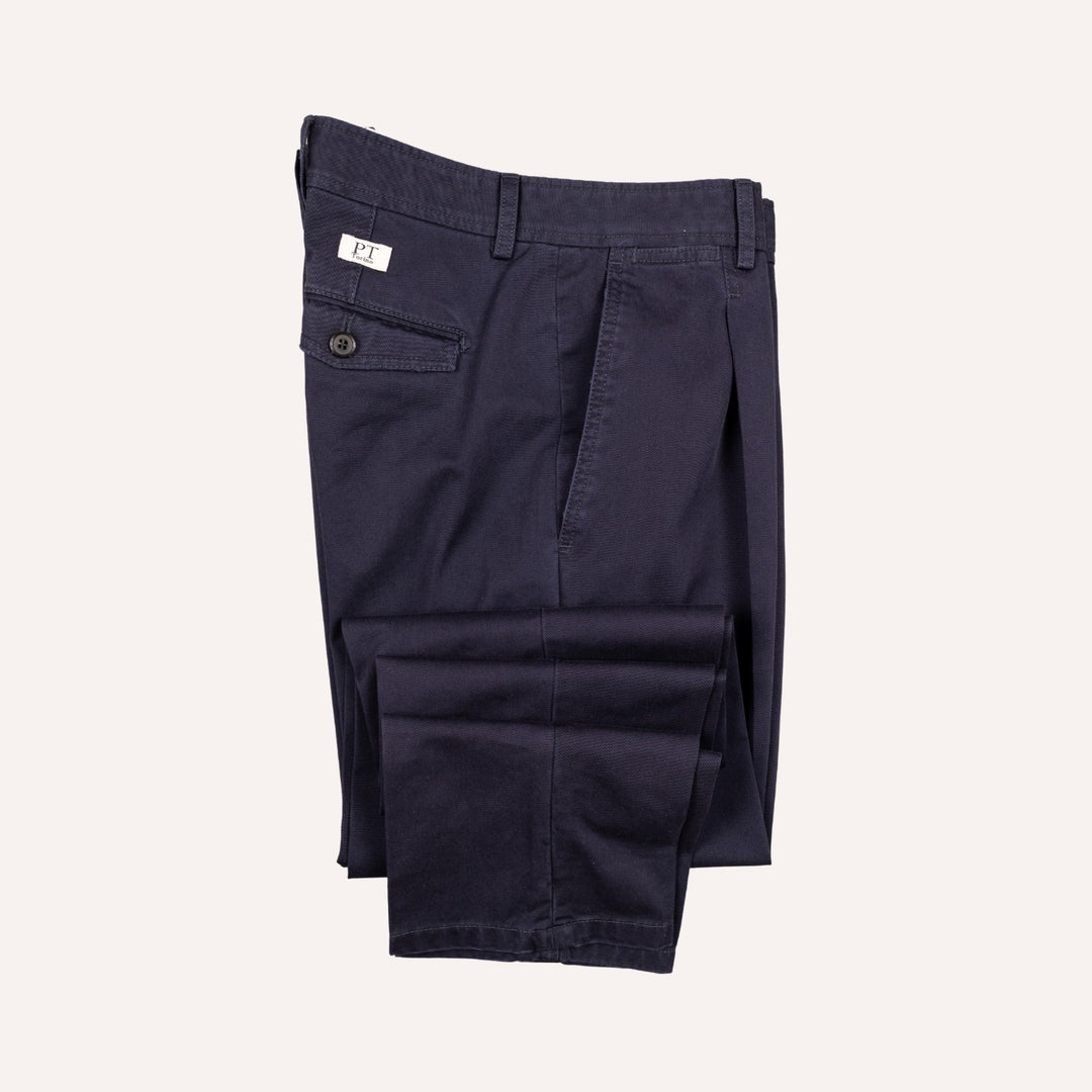 Washed Navy Cotton One Pleat Officer Chino - Tapered Fit