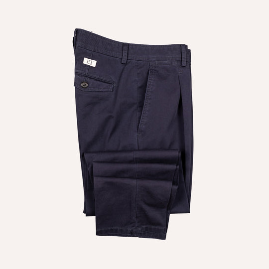Washed Navy Cotton One Pleat Officer Chino - Tapered Fit