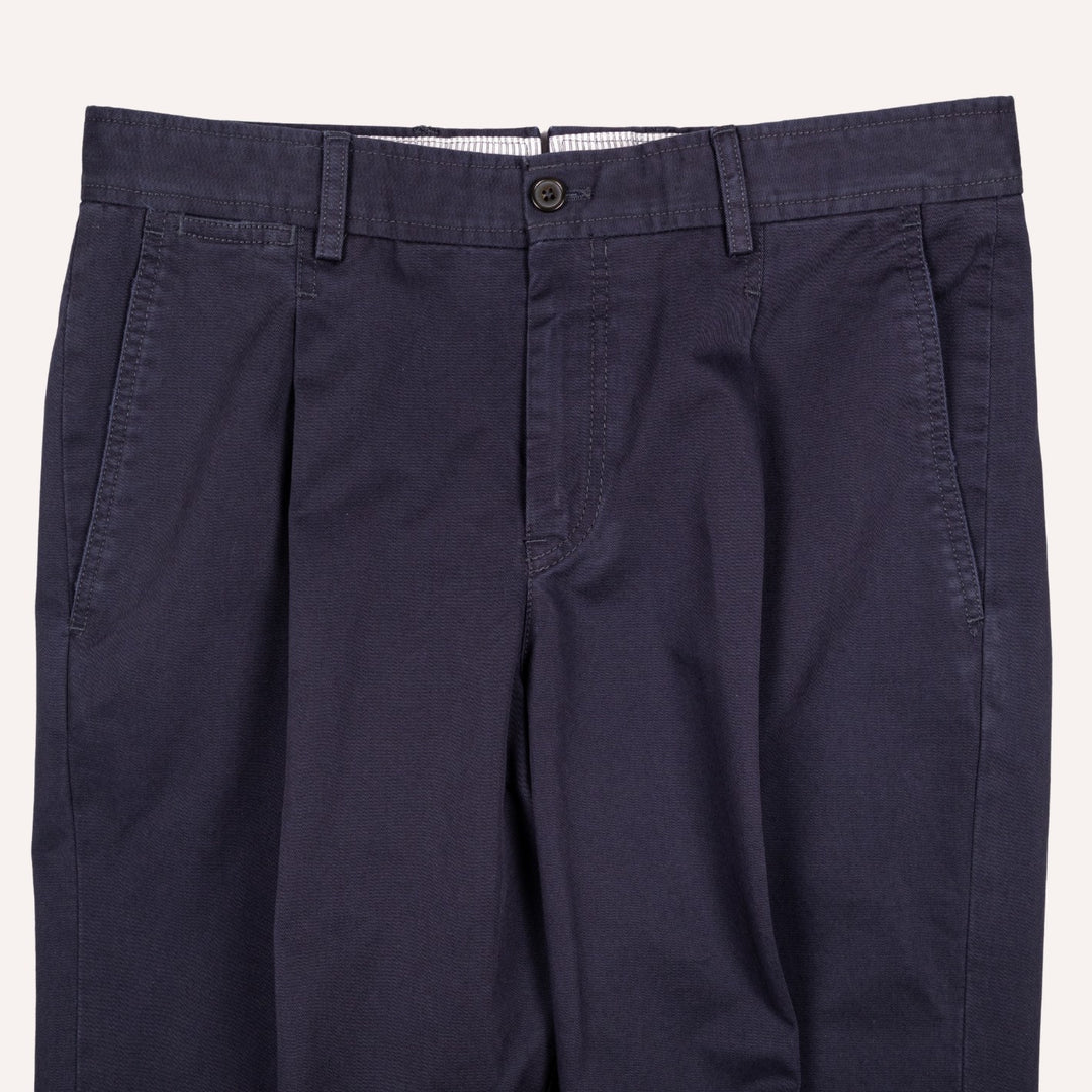 Washed Navy Cotton One Pleat Officer Chino - Tapered Fit