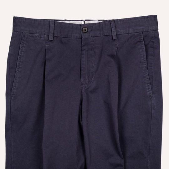 Washed Navy Cotton One Pleat Officer Chino - Tapered Fit