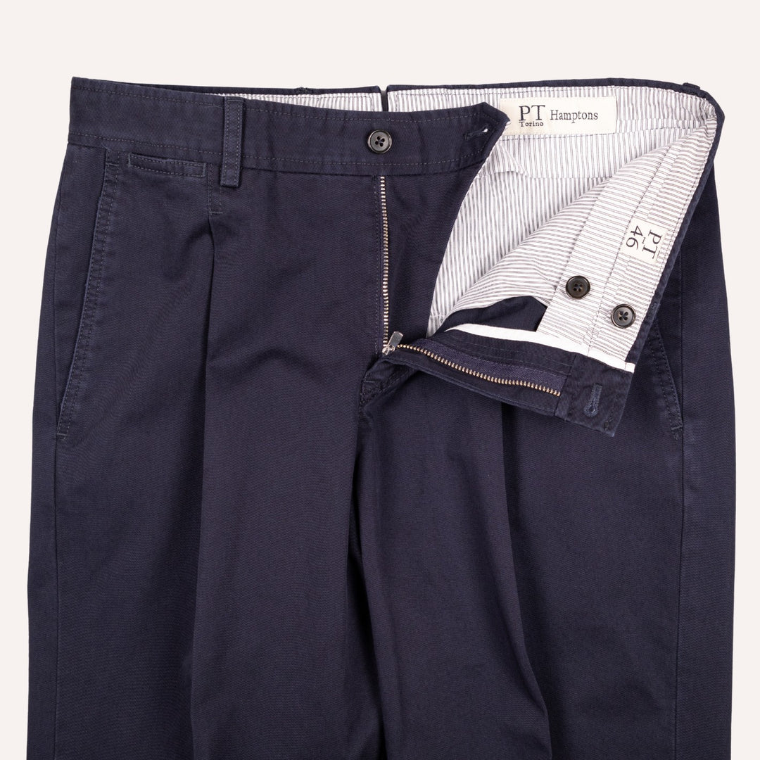 Washed Navy Cotton One Pleat Officer Chino - Tapered Fit