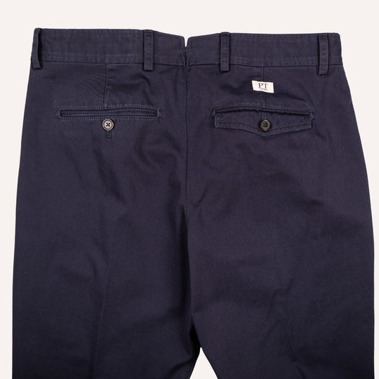 Washed Navy Cotton One Pleat Officer Chino - Tapered Fit