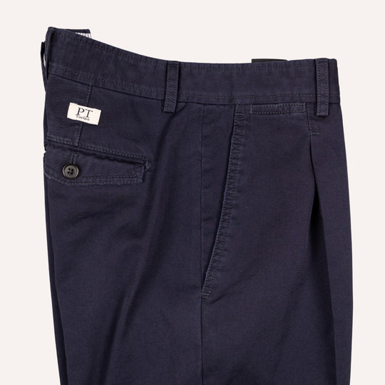 Washed Navy Cotton One Pleat Officer Chino - Tapered Fit