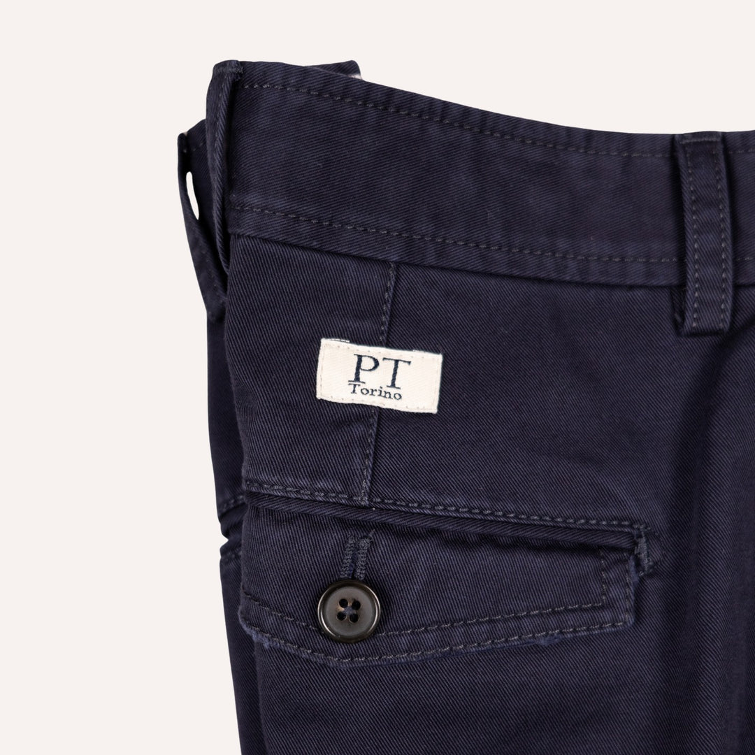 Washed Navy Cotton One Pleat Officer Chino - Tapered Fit