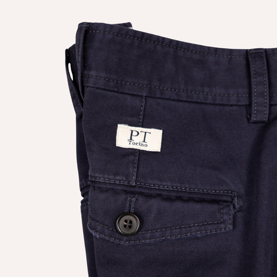 Washed Navy Cotton One Pleat Officer Chino - Tapered Fit
