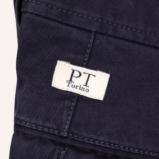 Washed Navy Cotton One Pleat Officer Chino - Tapered Fit