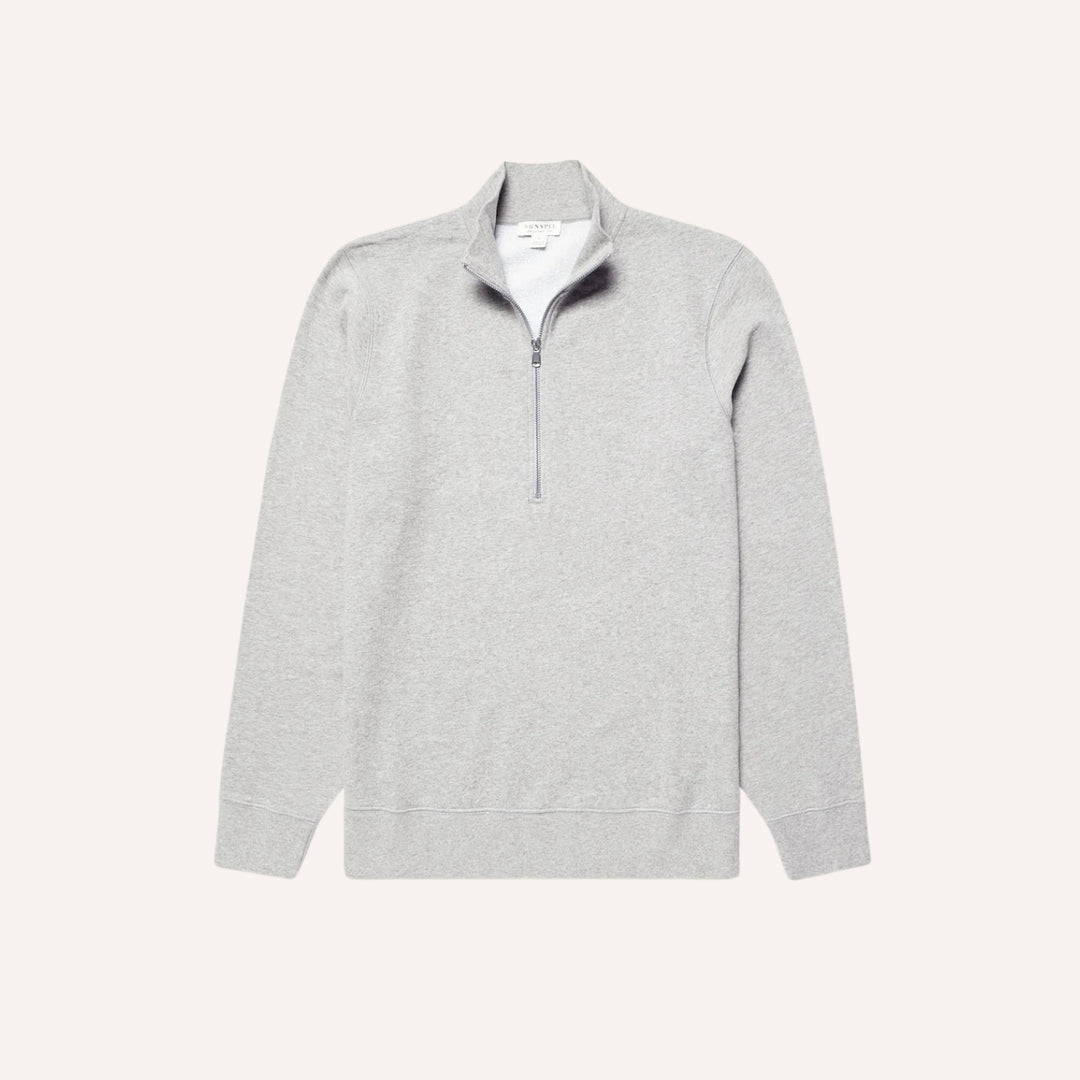 A light gray heathered quarter-zip pullover sweater with a stand collar, displayed flat against a solid off-white background.