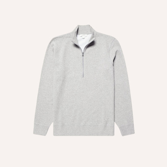 A light gray heathered quarter-zip pullover sweater with a stand collar, displayed flat against a solid off-white background.