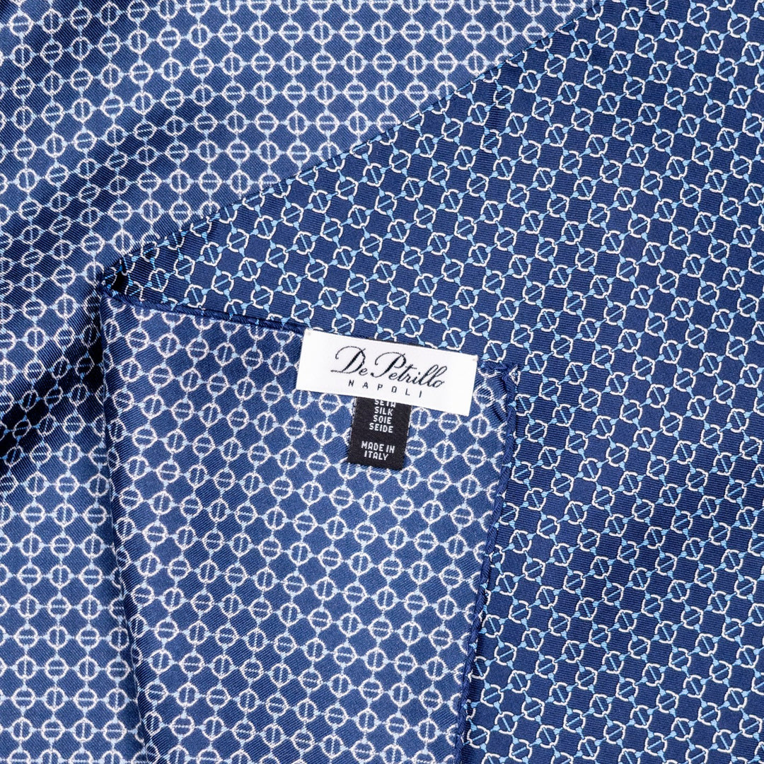Navy Blue Chain Pattern Geometric Silk Foulard