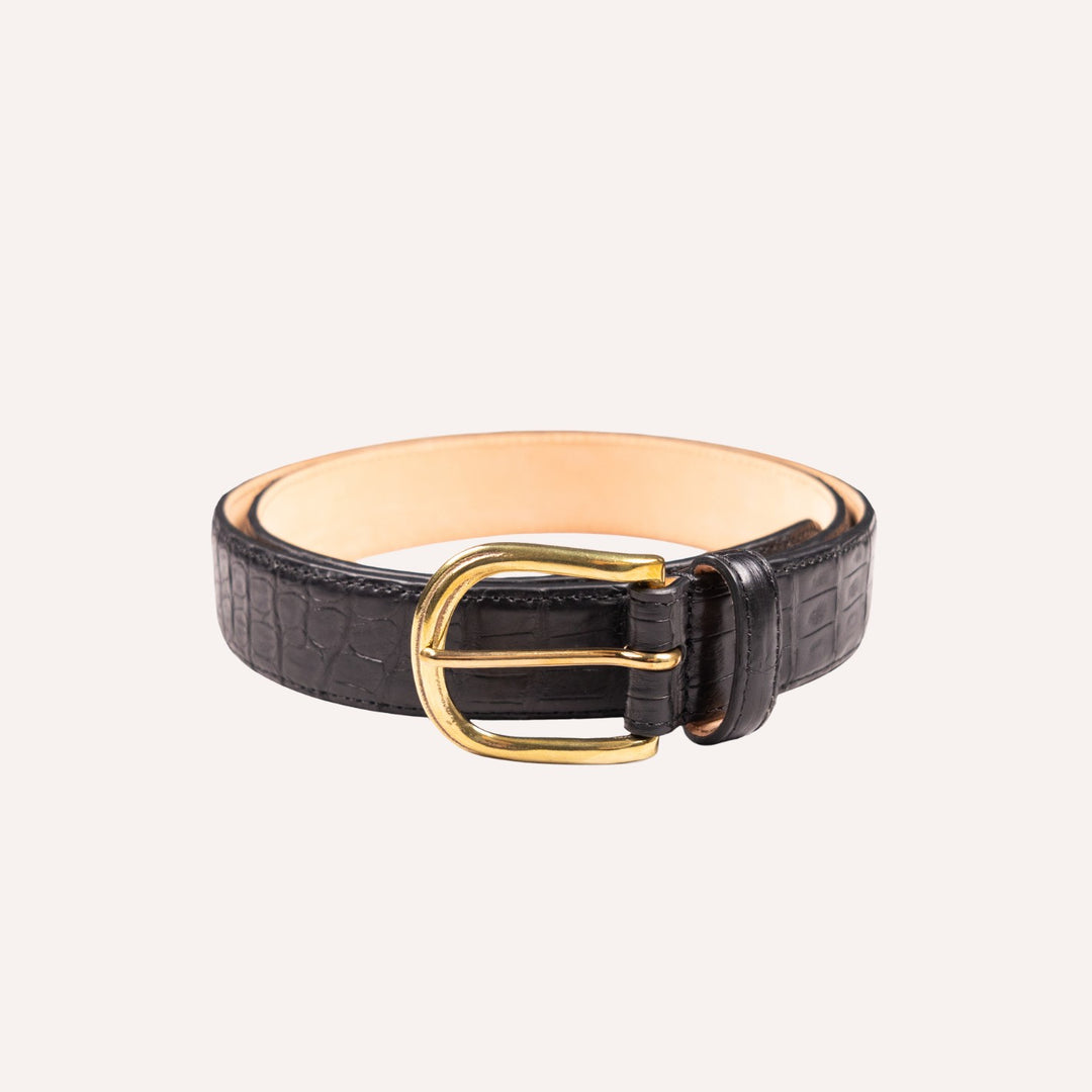 Black Crocodile Leather Brass Buckle 30mm Belt