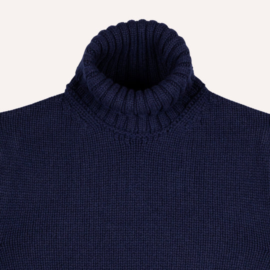 Navy Heavy Knitted Cashmere Roll Neck Sweater