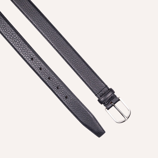 Black Grained Leather Silver Buckle 30mm Belt