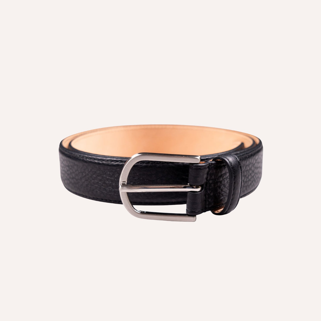 Black Grained Leather Silver Buckle 30mm Belt