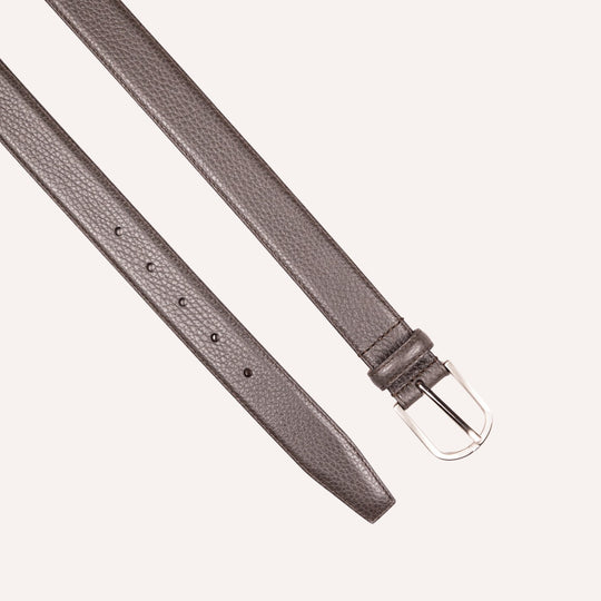 Dark Brown Grained Leather Silver Buckle 30mm Belt