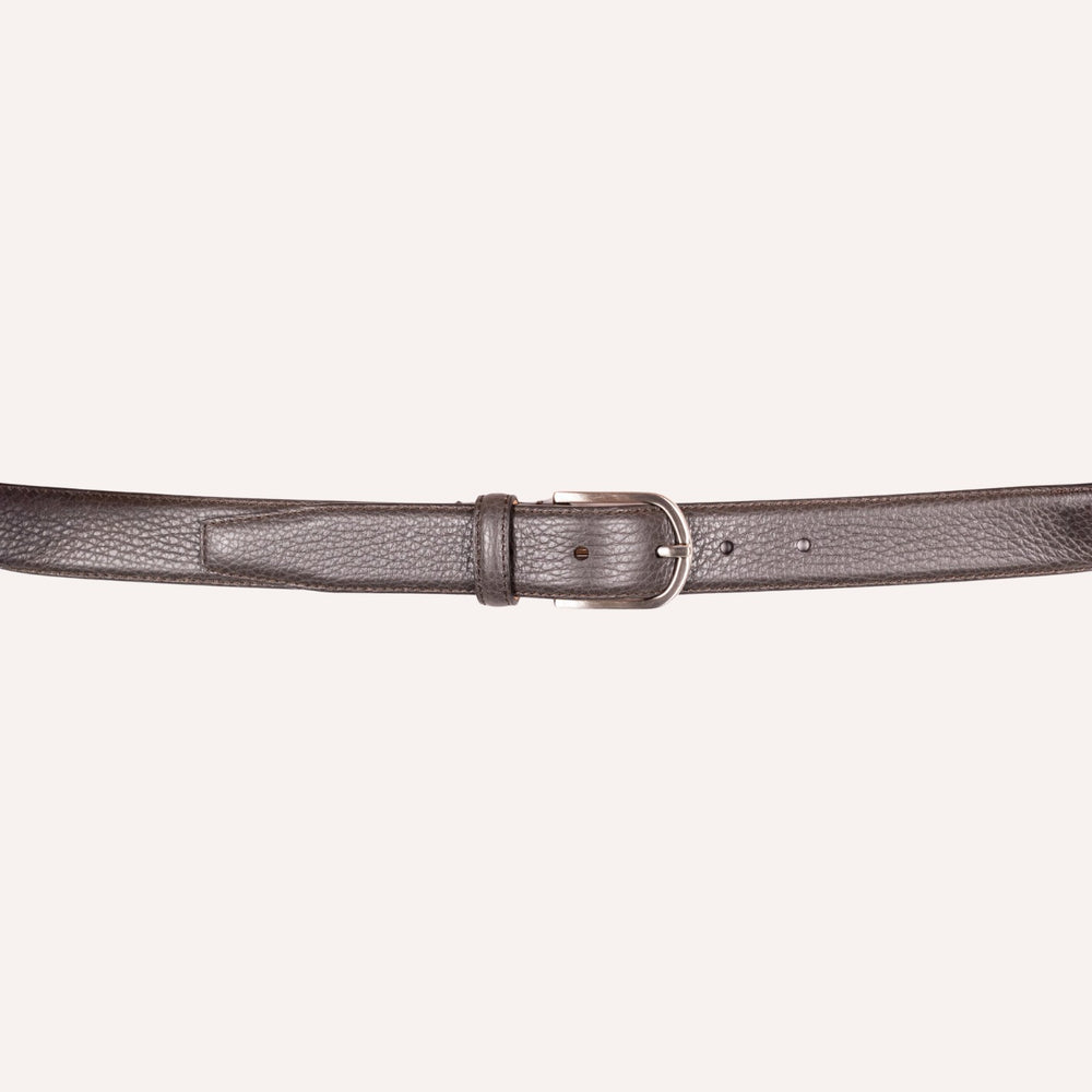 Dark Brown Grained Leather Silver Buckle 3mm Belt