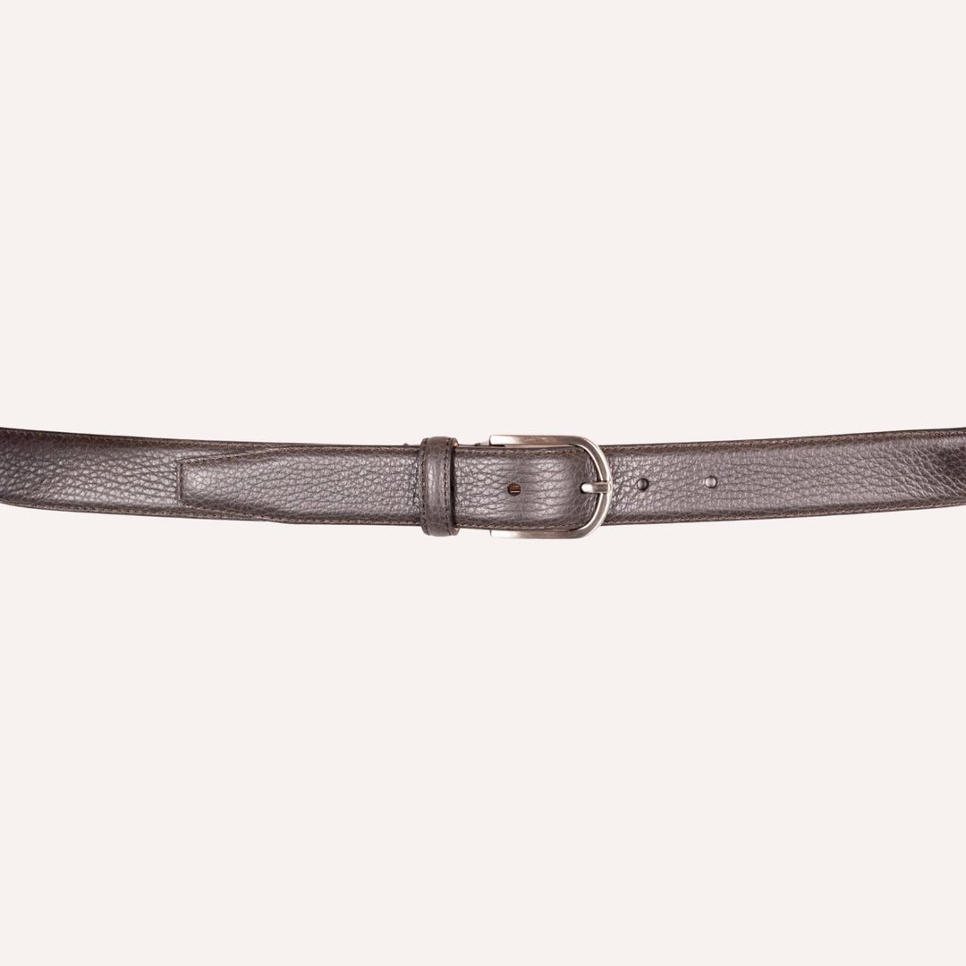Dark Brown Grained Leather Silver Buckle 30mm Belt