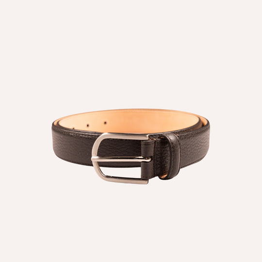 Dark Brown Grained Leather Silver Buckle 30mm Belt