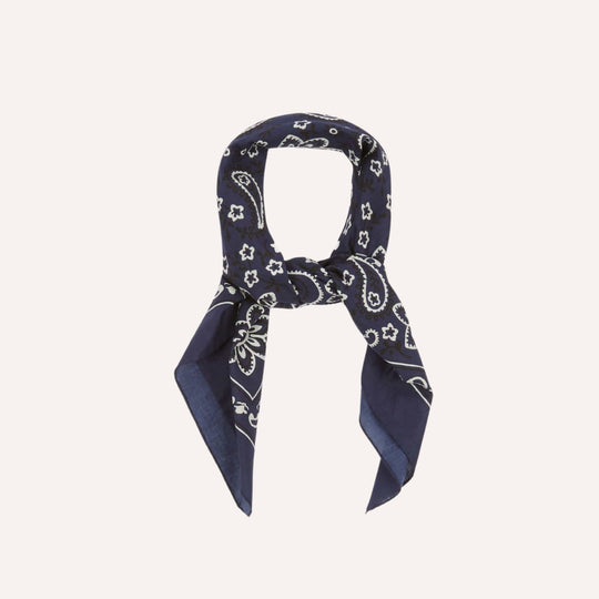 Navy blue bandana with white patterns on a light gray background