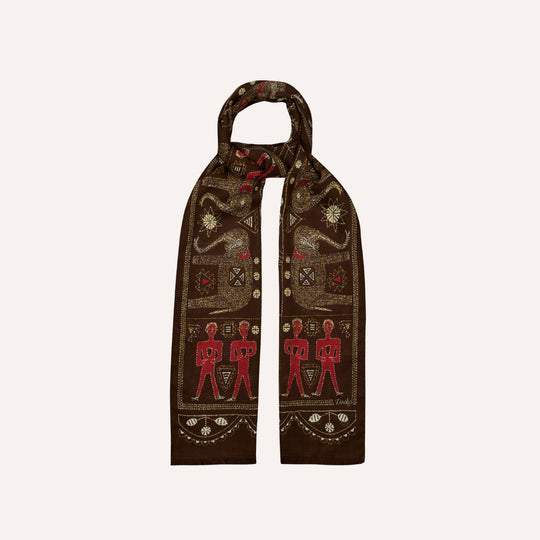 Brown Embroidered Elephant Print Wool Silk Scarf