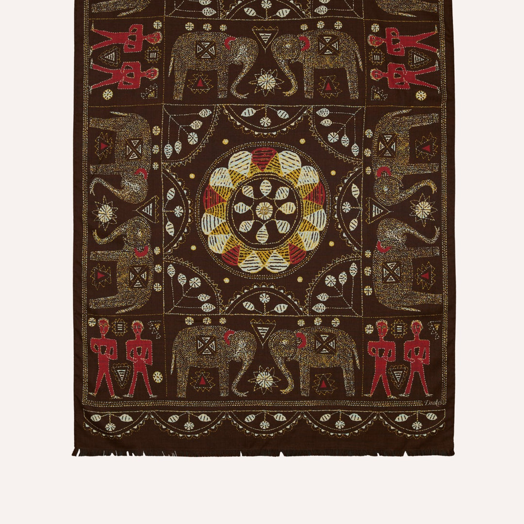 Brown Embroidered Elephant Print Wool Silk Scarf