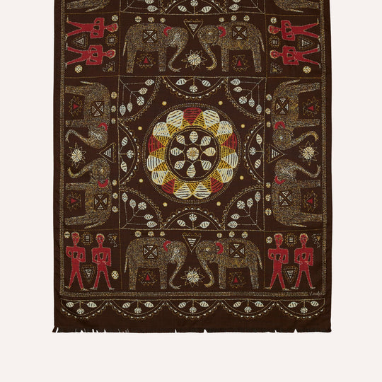 Brown Embroidered Elephant Print Wool Silk Scarf