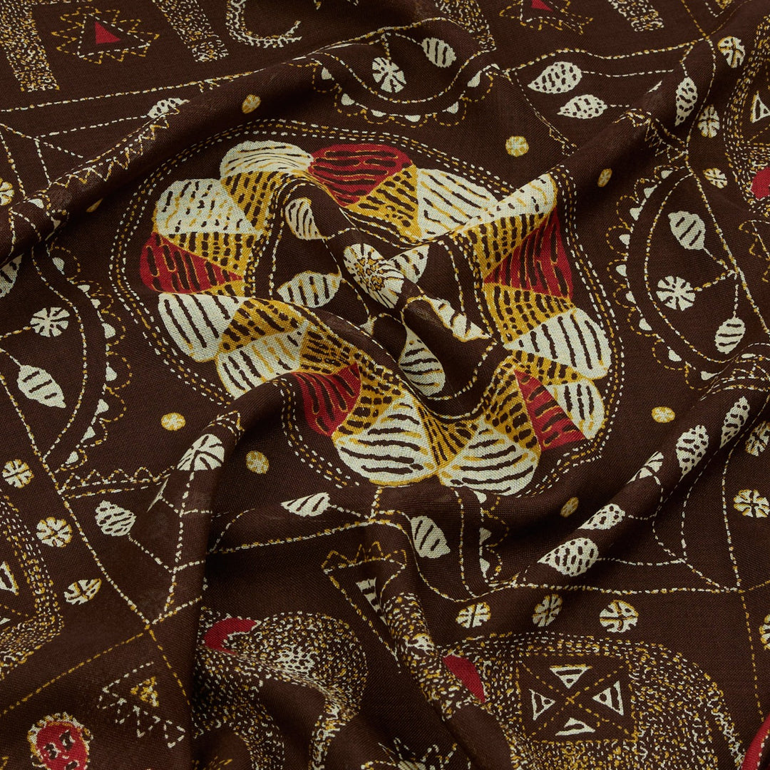 Brown Embroidered Elephant Print Wool Silk Scarf