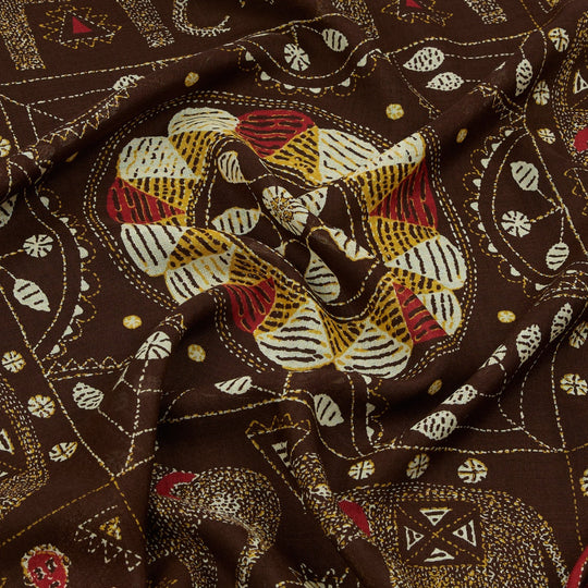 Brown Embroidered Elephant Print Wool Silk Scarf