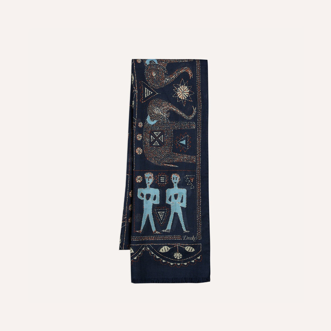 Navy Embroidered Elephant Print Wool Silk Scarf