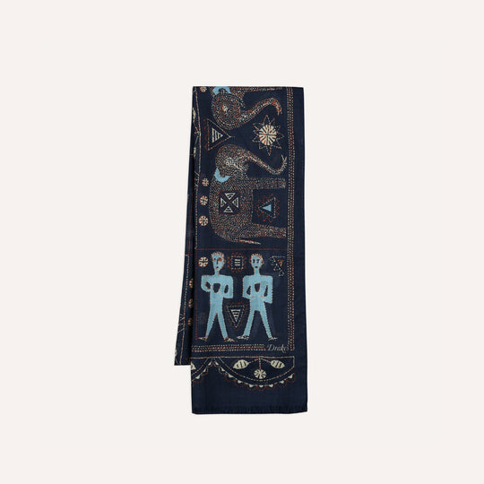 Navy Embroidered Elephant Print Wool Silk Scarf