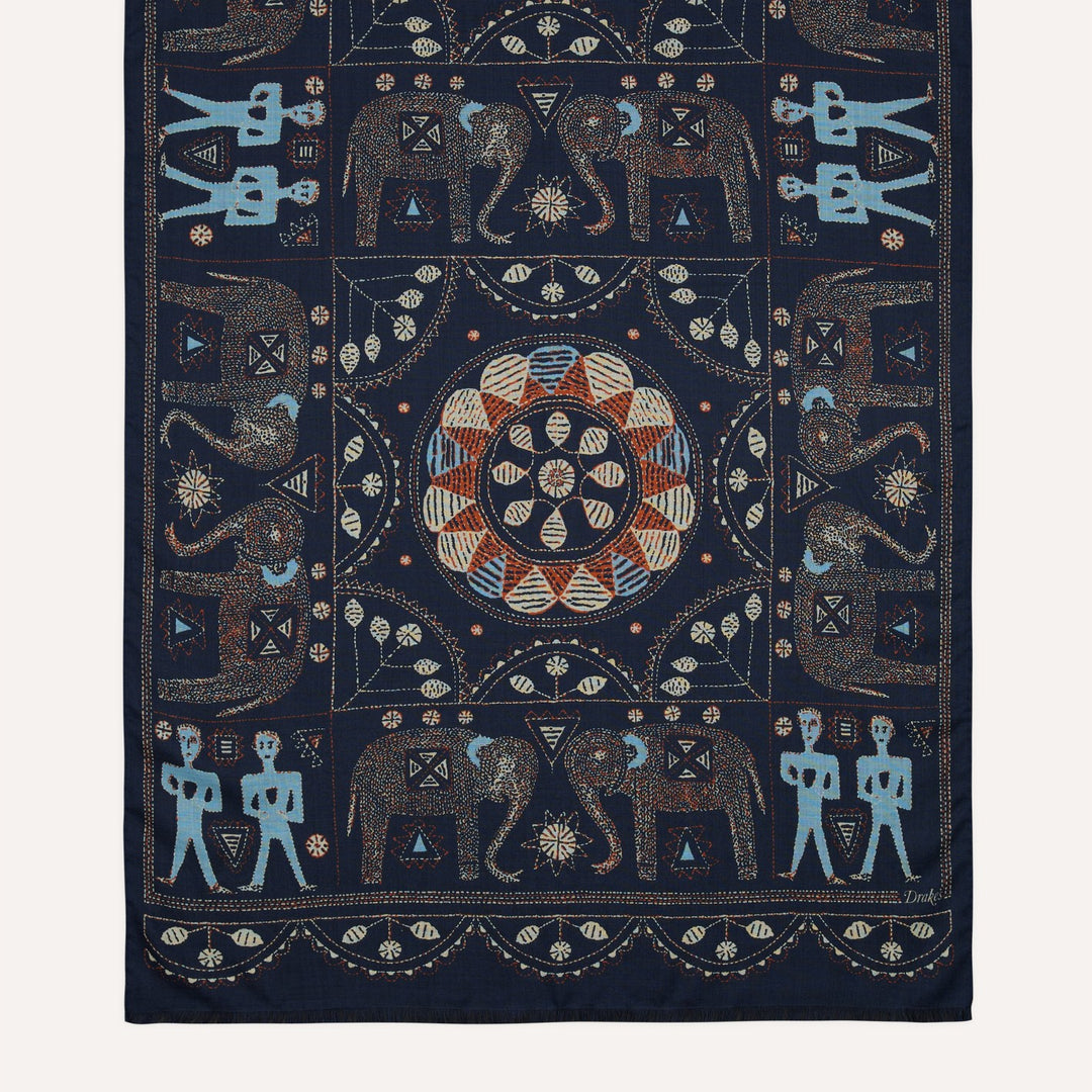 Navy Embroidered Elephant Print Wool Silk Scarf